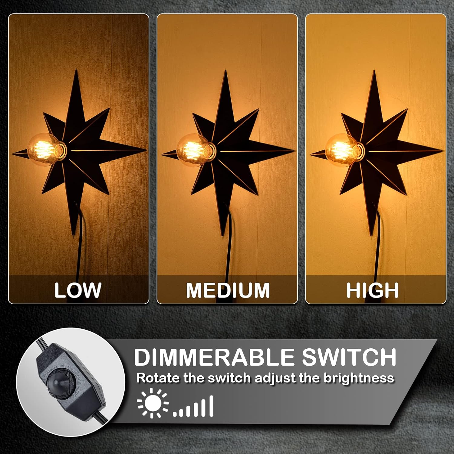 Plug in Wall Sconce with Dimmer ON/Off Switch, Black Vanity Lights for Bathroom, Vintage Star Wall Light Fixtures, Industrial Farmhouse Wall Lamp for Bedroom, Living Room, Kitchen, Entryway, Stair
