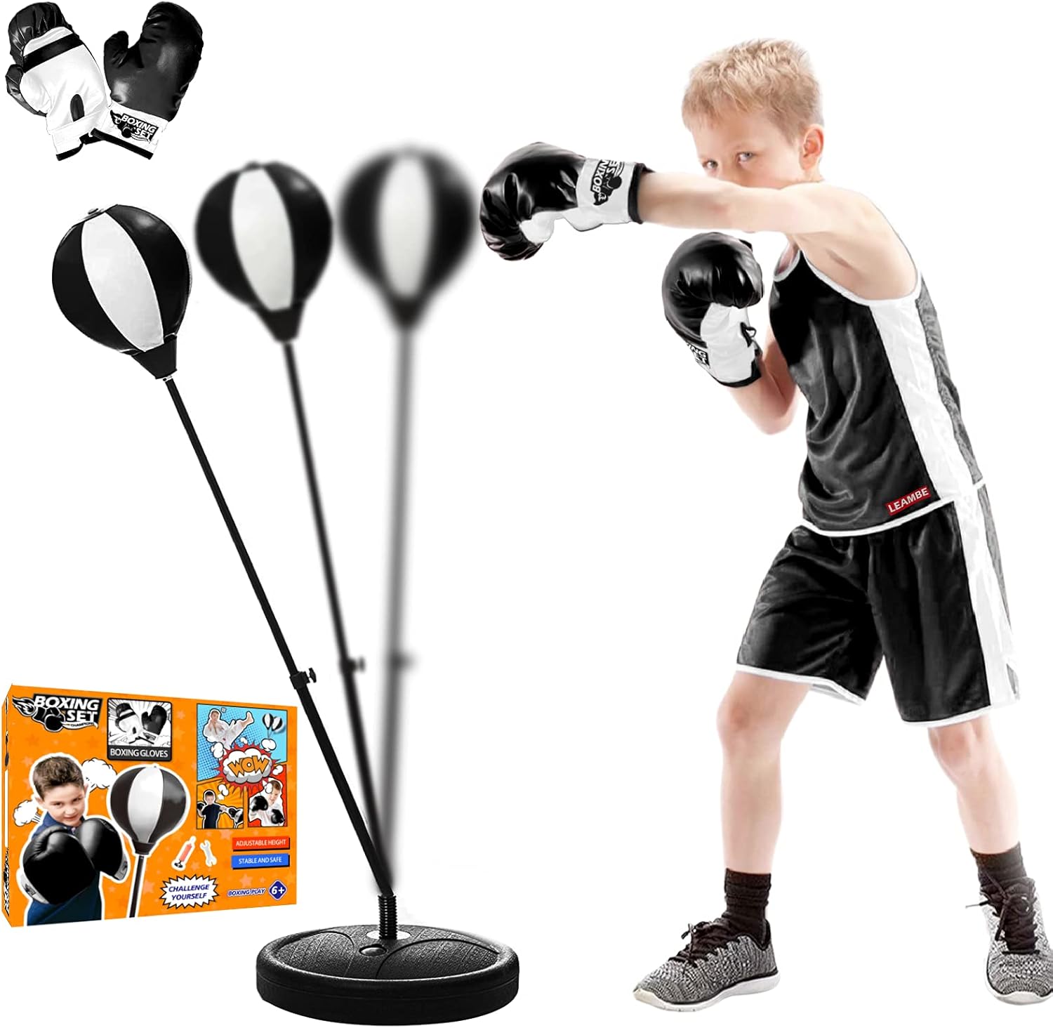 LEAMBE Punching Bag for Kids, Toys for 3 4 5 6 7 8 Boys Girls, Height Adjustable Boxing Set with Stand & Gloves, Best Toy Gift for Boys & Girls Black