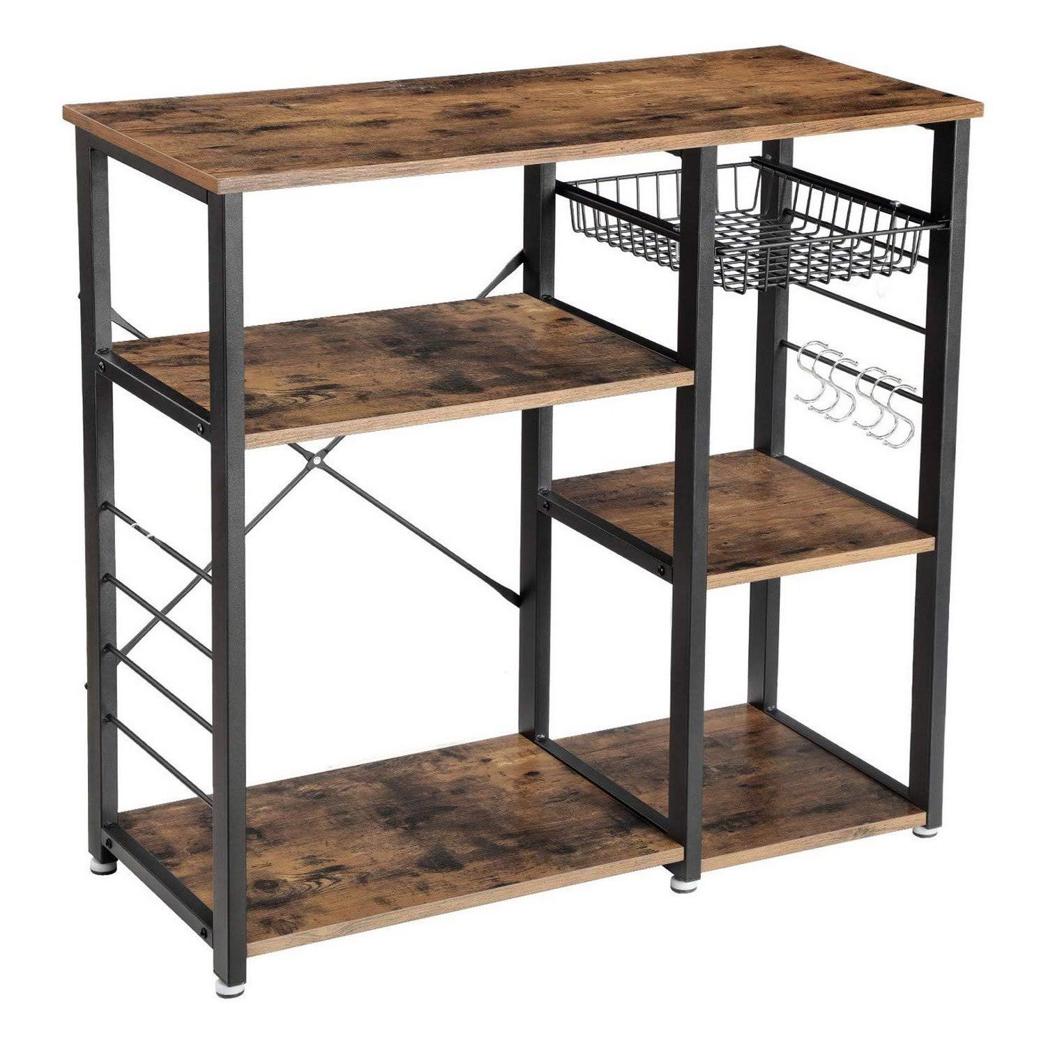 Wood and Metal Bakers Rack with 4 Shelves and Wire Basket, Brown and Black