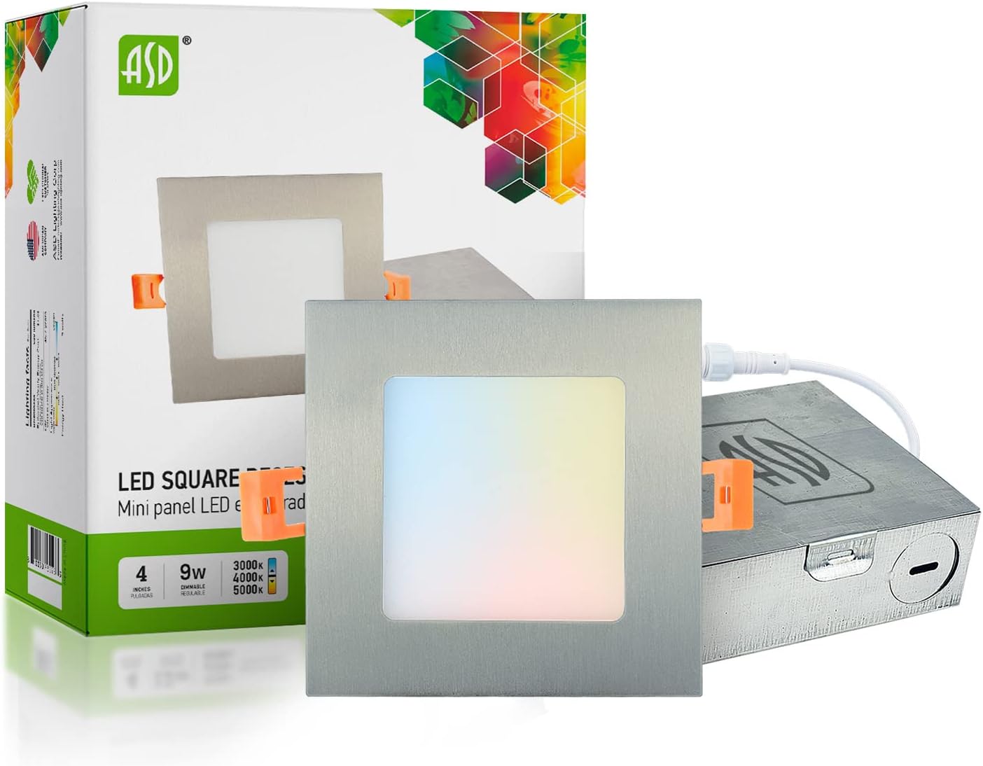 ASD Ultra Thin Square LED Recessed Lighting 4 Inch, 3000K-4000K-5000K Color Temperature Options 9W 630Lm Dimmable LED Downlight, Canless LED Recessed Light, IC & Damp Rated, ETL,Energy Star (12-Pack)