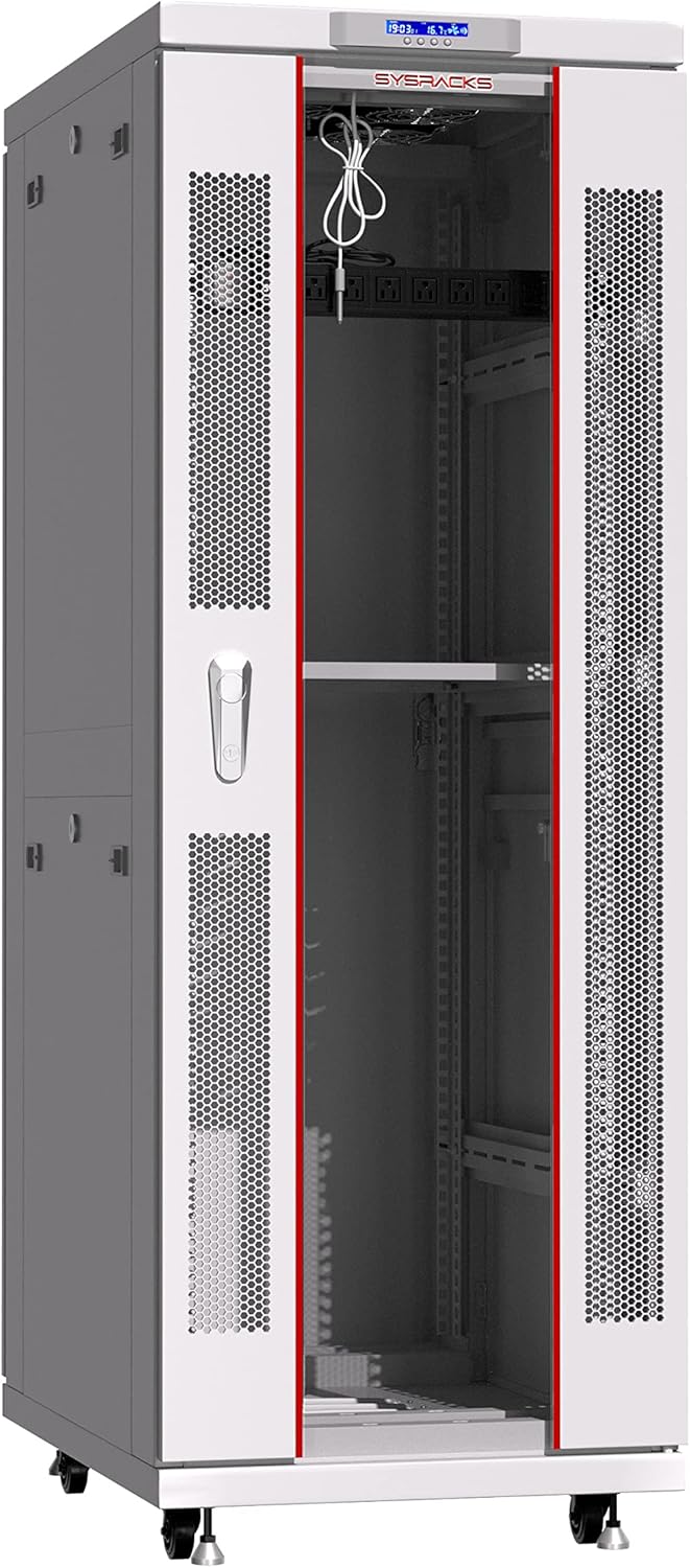 Server Rack - Locking Cabinet - Network Rack - Av Cabinet - 32U - Rack Mount - Free Standing Network Rack- Server Cabinet - Caster Leveler - Rack Shelf - Cooling Fan - Thermostat - PDU - Light Grey