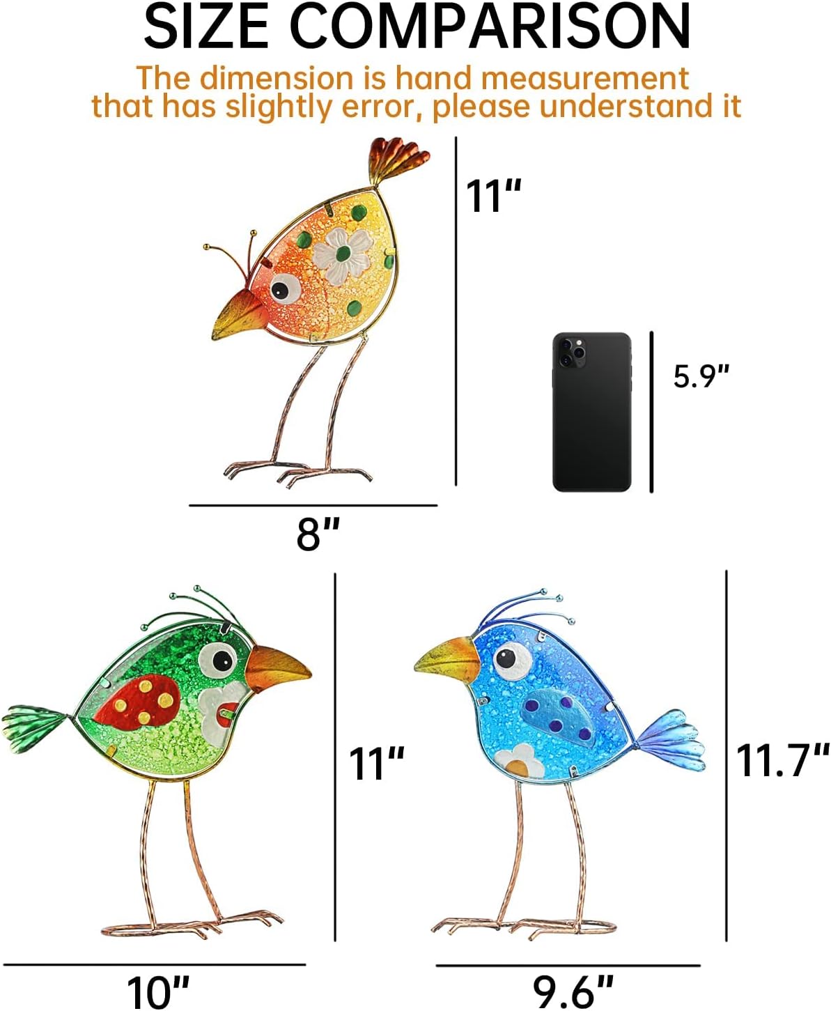 Tfro & Cile Garden Statues Metal Bird Glass Sculptures Decor Standing Art Indoor Outdoor for Backyard Porch Patio Lawn Decorations,Set of 3