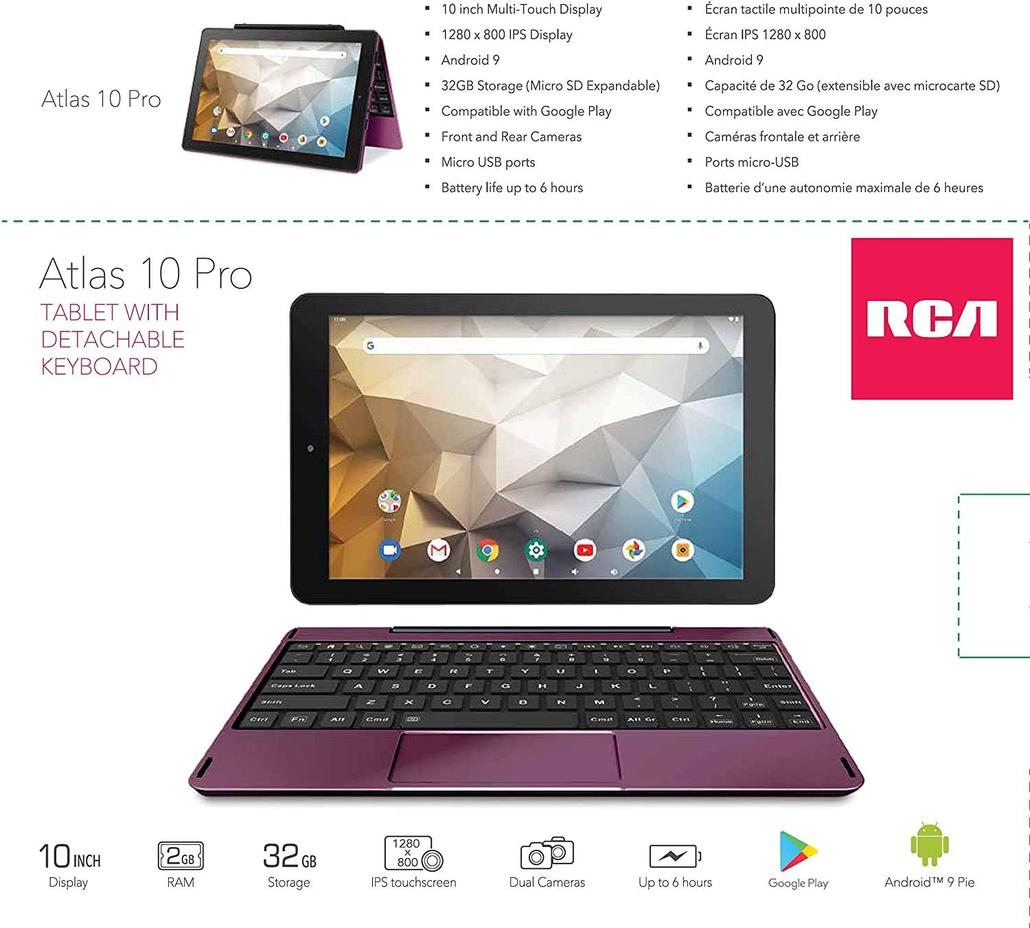 New RCA Tablet Quad-Core 2GB RAM 32GB Storage IPS HD Touchscreen WiFi Bluetooth with Detachable Keyboard Android 9 (10