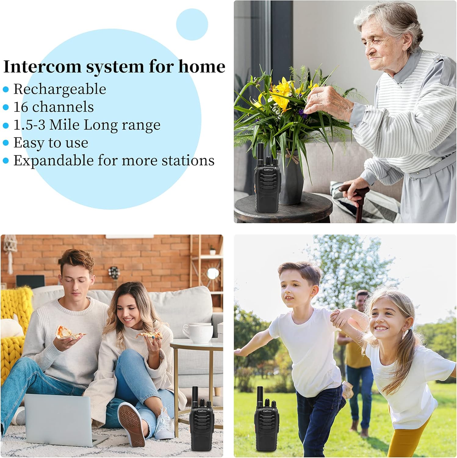 CallToU Wireless Intercom System for Home Office Intercom Room to Room Communication 16 Channels Rechargeable walkie Talkie for Elderly Kids Pregnant Pack of 2