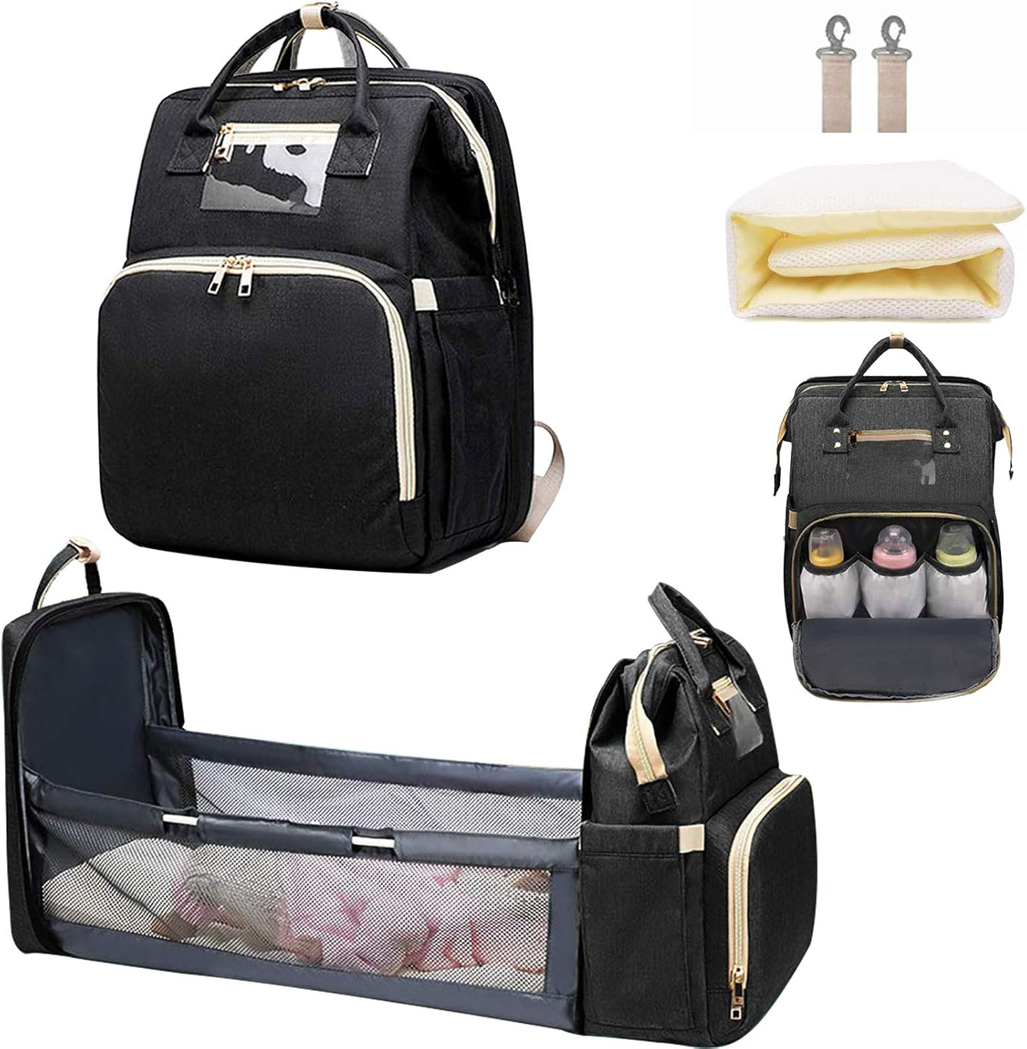 Diaper Bag Backpack with Folding Crib, Portable Sleeping Mummy Nappy Baby Bag Travel Bassinet