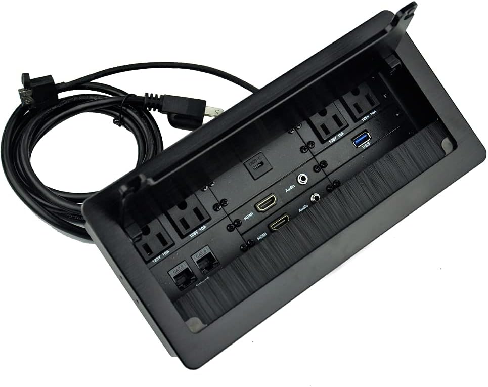 Tabletop Multimedia Connectivity Box with 4 AC Power+2 HDMI+2 RJ45+1 USB3.0 Port +1 USB-C +2 Audio with 5.58ft Power Cord for Conference Room(Silver)