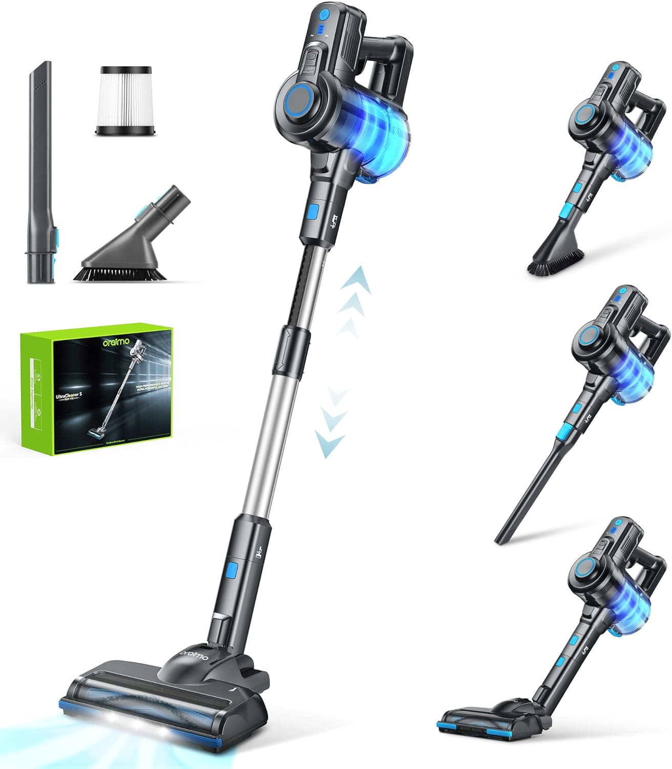 Oraimo Stick Vacuum, Cordless Vacuum Cleaner with Self-Standing, Cordless Stick Vacuum with 35 Mins Runtime Detachable Battery, 4 in 1 Lightweight Vacuum with LED for Hardwood Floor Carpet Marble Tile