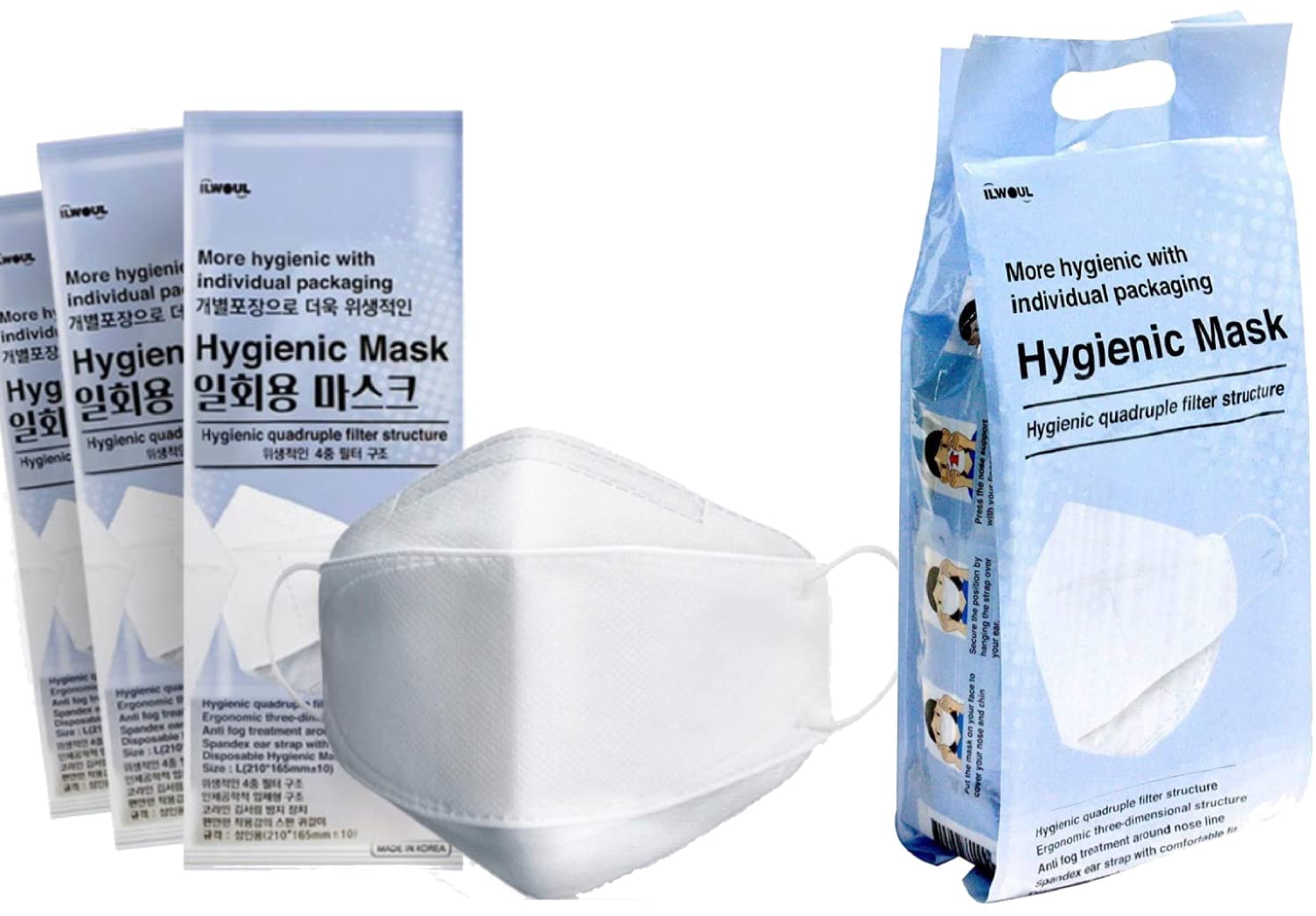 30 Pack ILWOUL Individually Wrapped Large White Thick 4-Layer KF94 Hygienic Face Masks(Made in Korea,KFDA Approved),Comfort 5D Fitting,Lip Touchless,Protect Lady's Makeup,Light Weight,MFG Date Printed Pack of 2