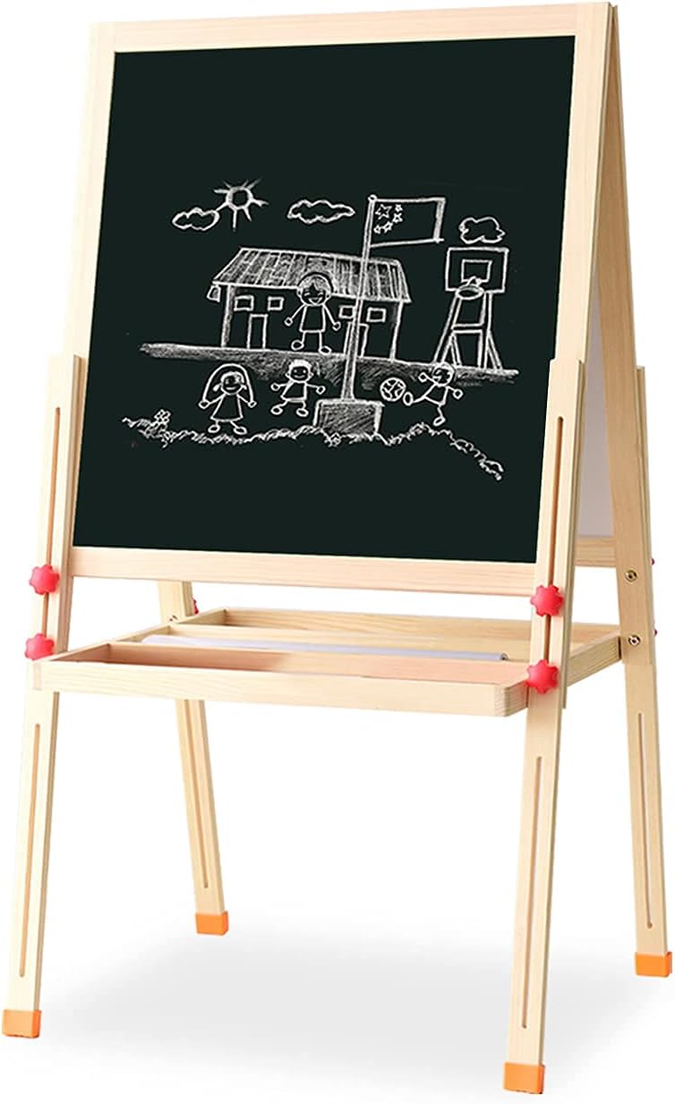 GLSLAND Kid's Art Easel Wooden with Adjustable Double-Sided Magnetic Whiteboard Chalkboard Paper Roll and Accessories Drawing Playset Standing for Kids and Toddlers, 45-53 inches Pack of 2