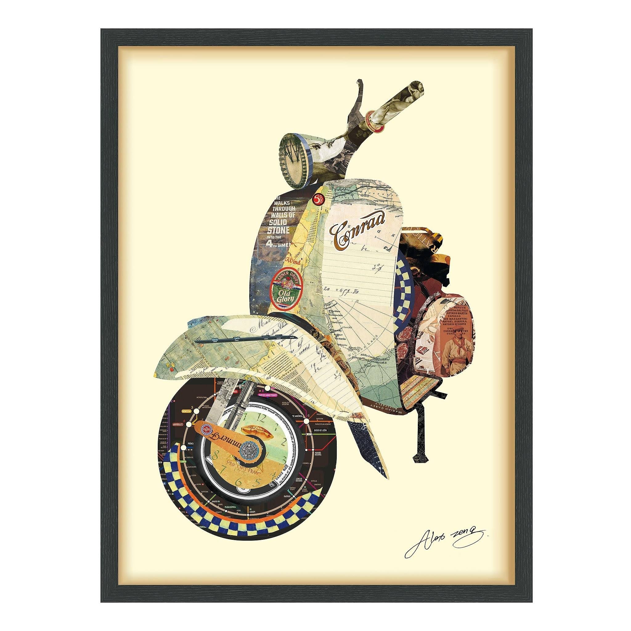 Empire Art &Scooter& Hand Made Signed Art Collage by EAD Artists Co-op Under Tempered Glass in Black Frame (Multi)