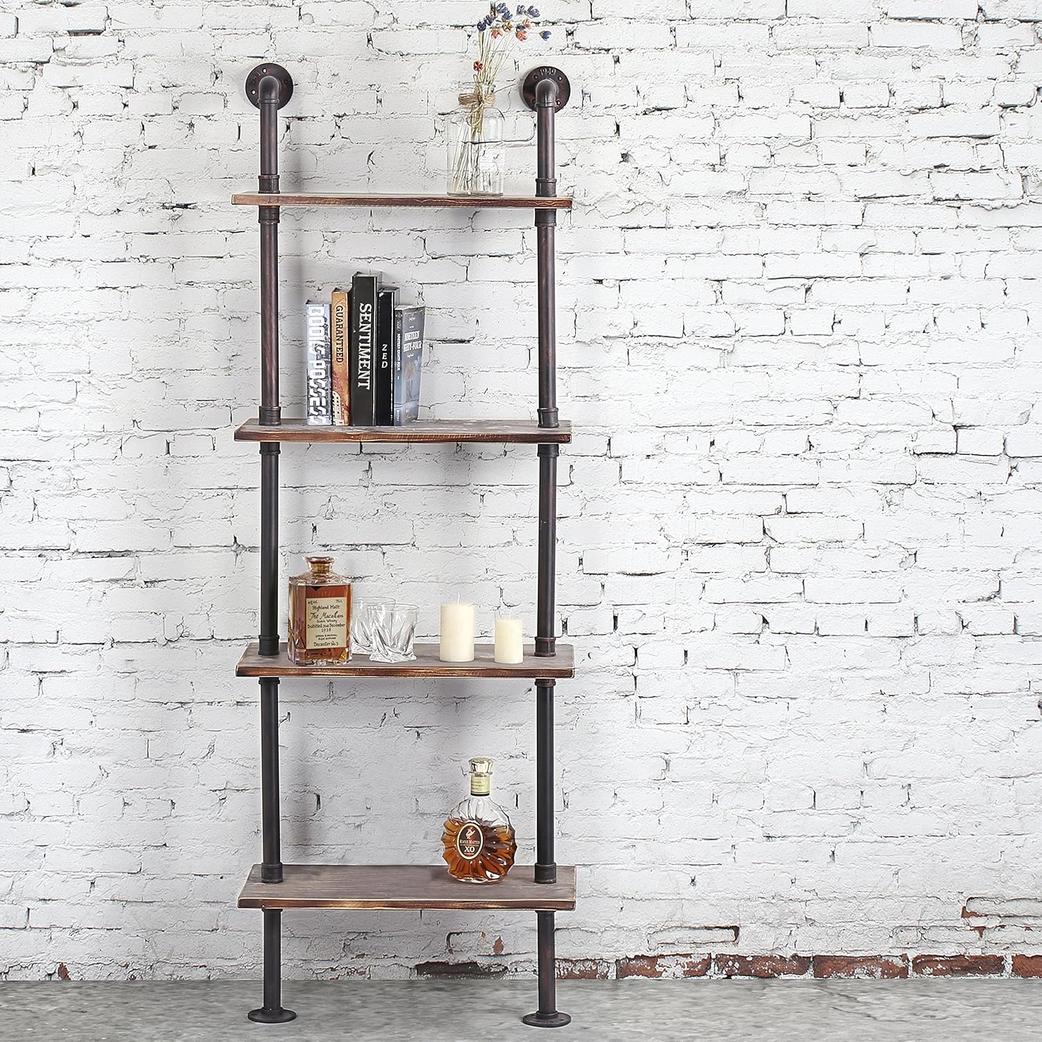 MyGift 4-Tier Brown Wood & Industrial Style Metal Pipe Wall-Mounted 26-Inch Wide Shelves/Bookcase Utility Storage Rack