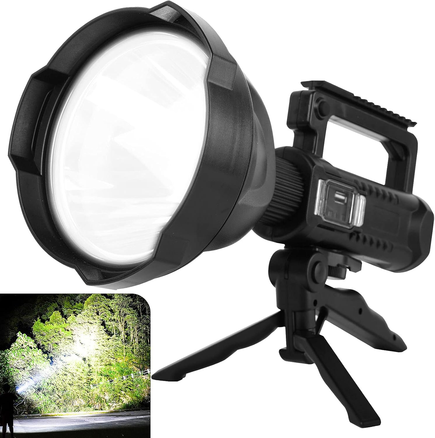 LED Rechargeable Spotlight with Upgraded XHP70 Chip, 90000 Lumen Super Bright Searchlight with 4 Modes & Waterproof Large Handheld Flashlight for Fishing, Camping, Working with Tripod & Power Output Pack of 2