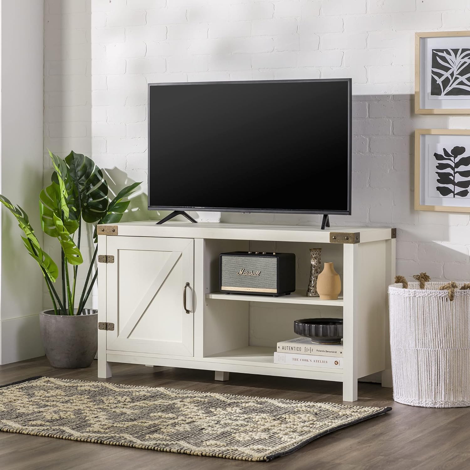 Walker Edison Georgetown Modern Farmhouse Double Barn Door Fireplace TV Stand for TVs up to 65 Inches, 58 Inch, White Oak