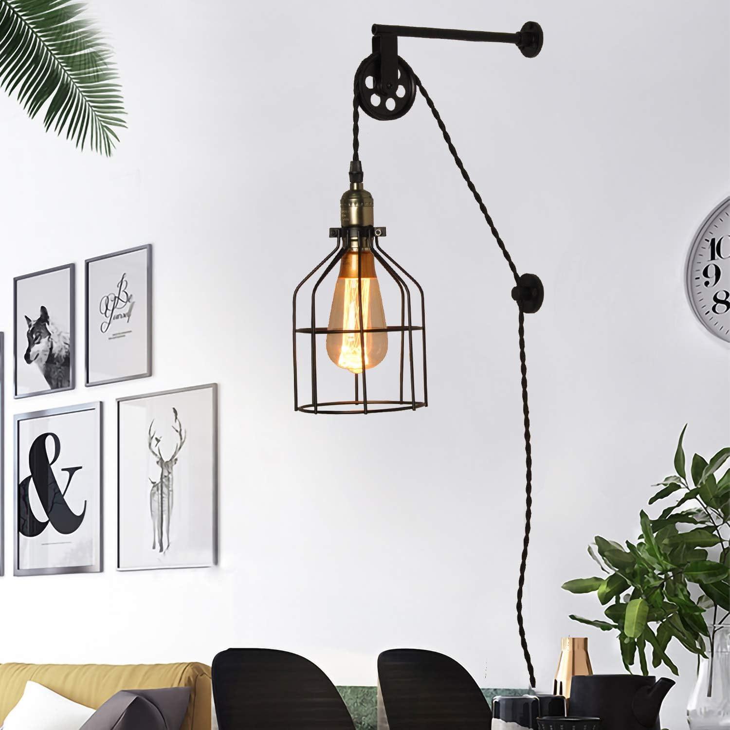 Modern Industrial Rustic Cage Wall Lamp Lift Pipe Pulley Wall Lights Fixture - Retro Pendant Lamp Adjustable with Plug in Cord - Wall Sconce for Indoor Living Room Restaurant (with no Bulb,Black)