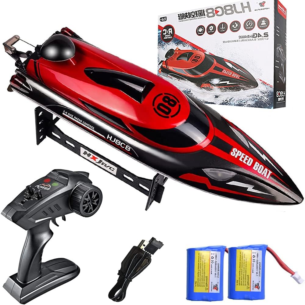 HJ808 RC Boats, 20 +MPH High Speed Remote Control Boat for Lake Pools, 2.4Ghz RC Boat with LED Light, Remote Control Boat with 2 Rechargeable Batteries, RC Boats for Adults & Kids (Red) Pack of 2
