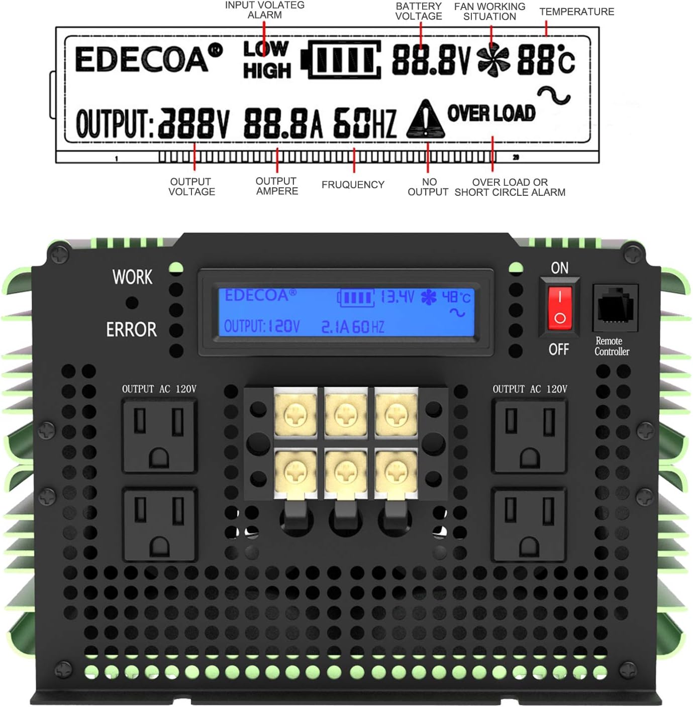 EDECOA Pure Sine Wave Power Inverter 3500W DC 12V to AC 120V with LCD Display and Remote Controller 4 AC Outlets and 1 AC Terminal Block