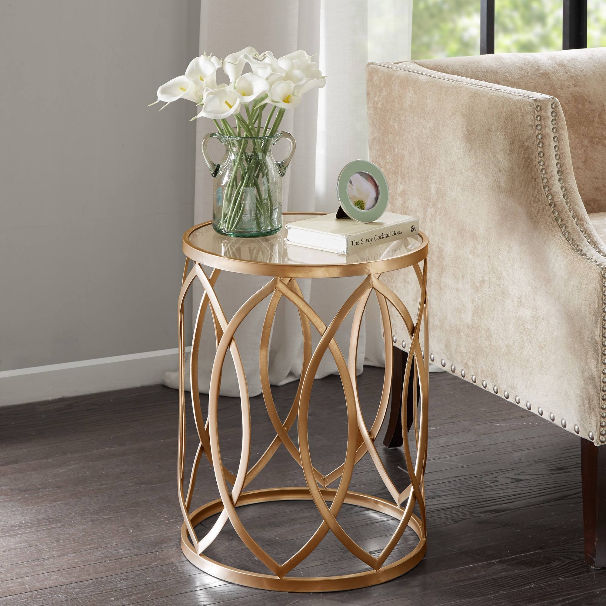 Madison Park Arlo Metal Eyelet Accent Table, Gold/Glass