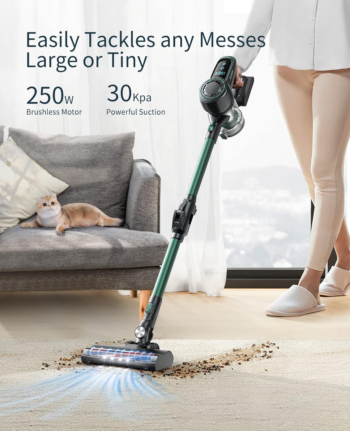Cordless Vacuum Cleaner, 30KPA Powerful Suction Stick Vacuum Cleaner with Foldable Tube, LED Display, 35Mins Runtime Handheld Vacuum Cleaner for Hard Floor Carpet, Pet Hair, Detachable Battery