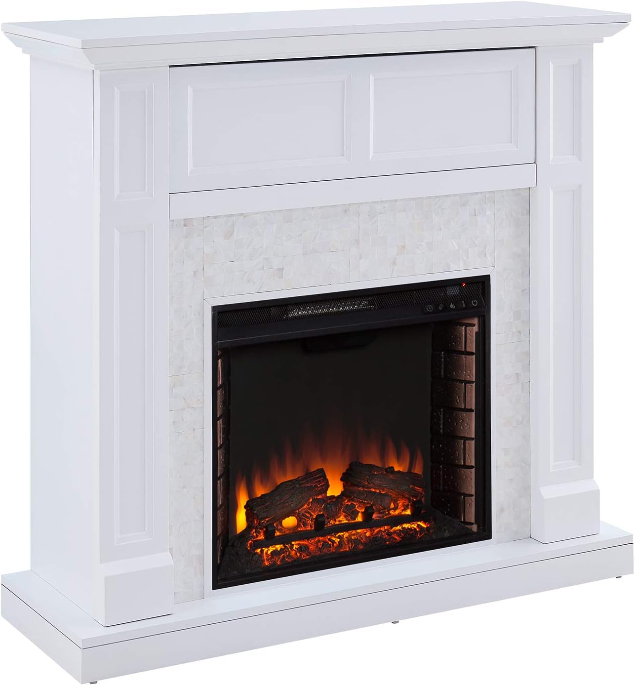 SEI Furniture Nobleman Mother of Pearl Tiled Electric Hidden Media Shelf Fireplace, White