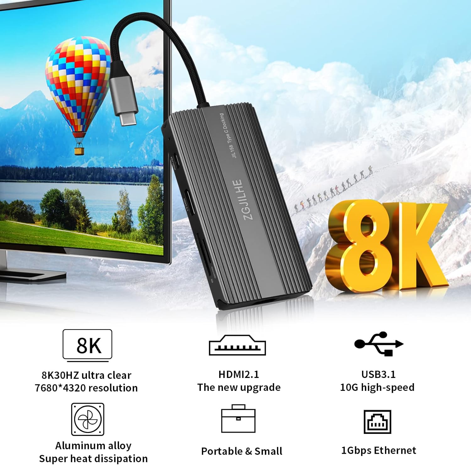 8K @30Hz USB3.1 C Hub, ZGJILHE 8-in-1 USB-C Hub Adapter Dongle with HDMI 2.1, PD-100W, 1000M Ethernet for USB C Laptops, MacBook Pro/Air 2020/2019,iPad Pro,XPS & More