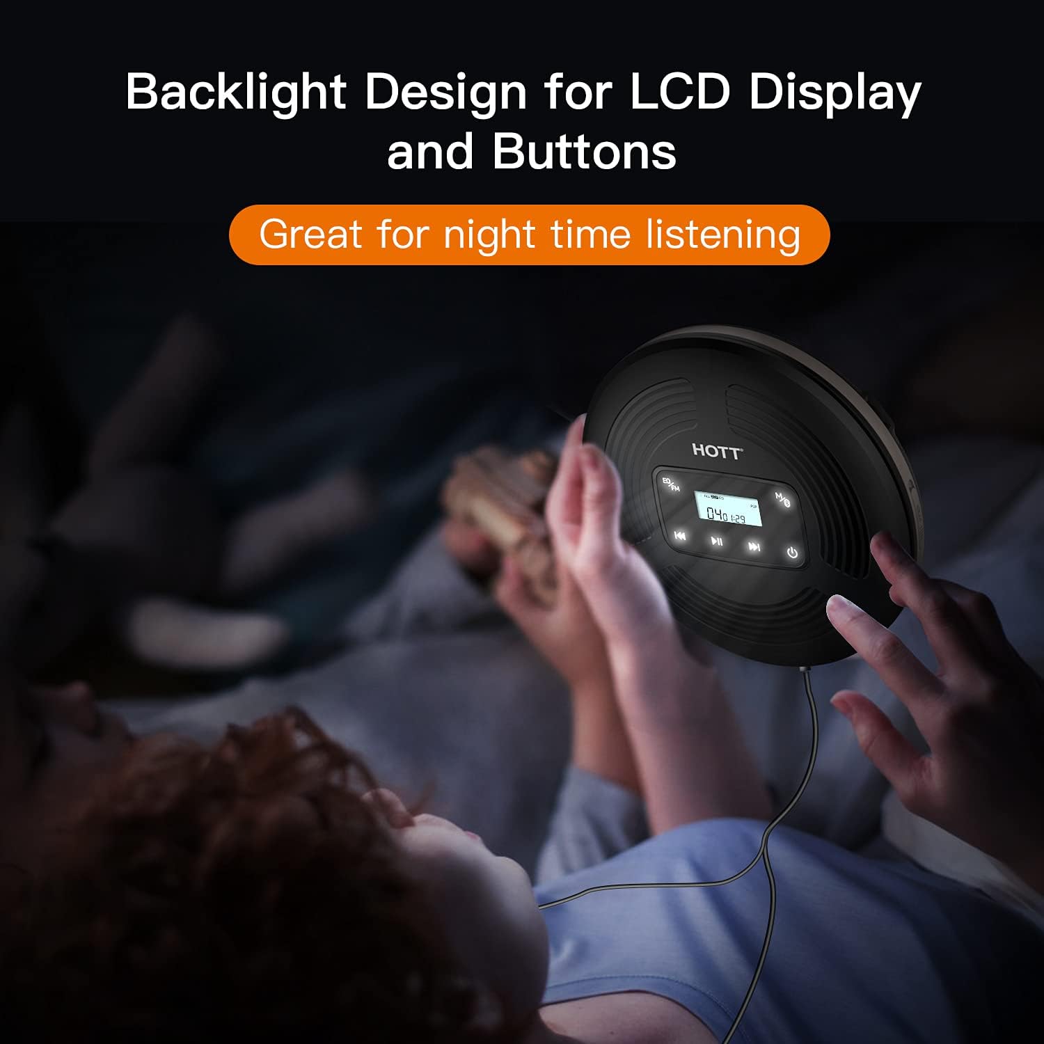 HOTT CD903TF Portable CD Player for Car with Bluetooth FM Transmitter，Rechargeable Touch Button Backlight Display Black