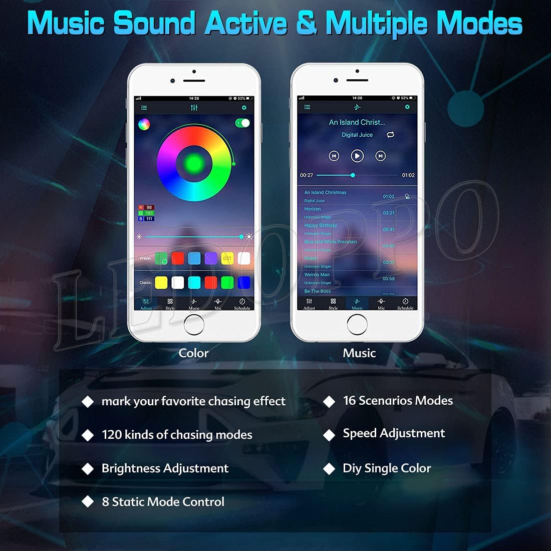 LEDOPPO Car Underglow Lights 4PCS APP Bluetooth Control Underbody Led Strip Lights for Cars DC 12V 16 Million 8 Colors RGB Exterior Led Neon Accent Light Kit Waterproof for Trucks SUV