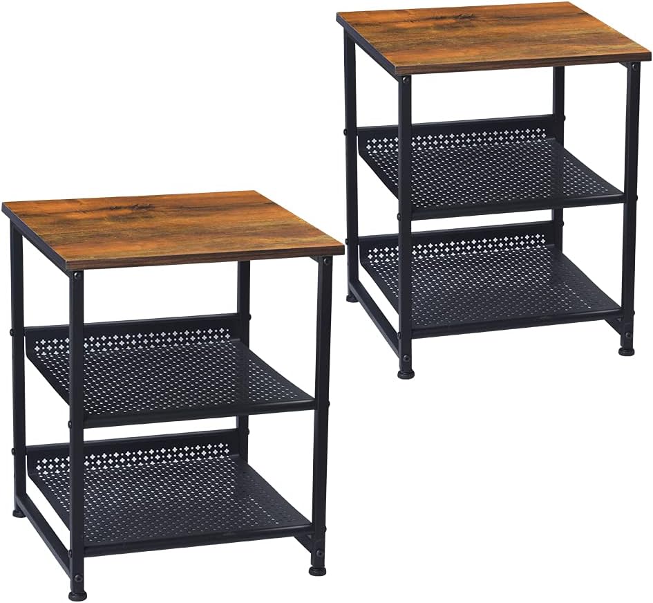 3-Tier Nightstand Side Tables End Tables Set of 2 with Adjustable Mesh Shelves for Living Room Bedroom, Industrial Wood Look Accent Furniture, Stable Steel Frame, Easy Assembly, Rustic Brown and Black