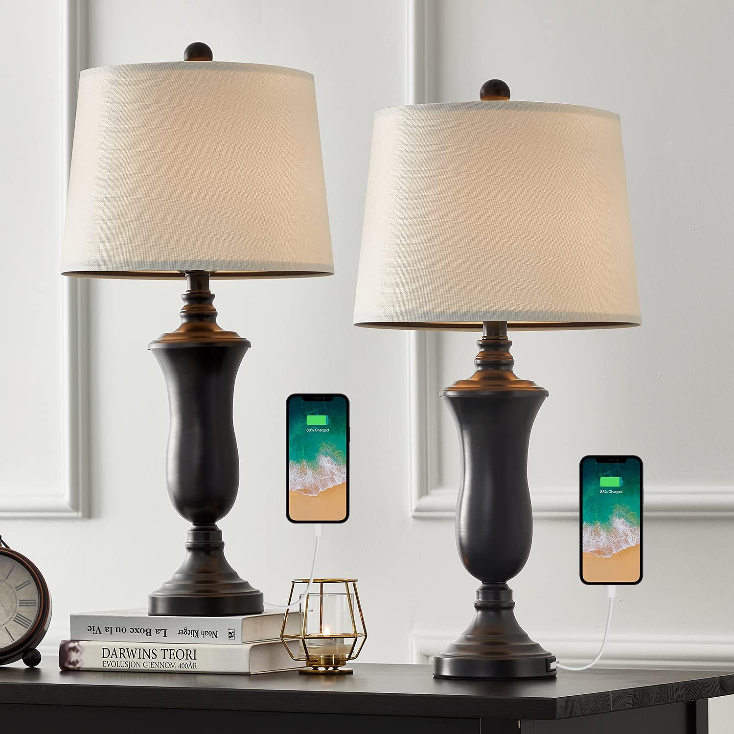 Oneach Modern USB Table Lamp Set of 2 for Living Room Bedroom Brush Steel 25