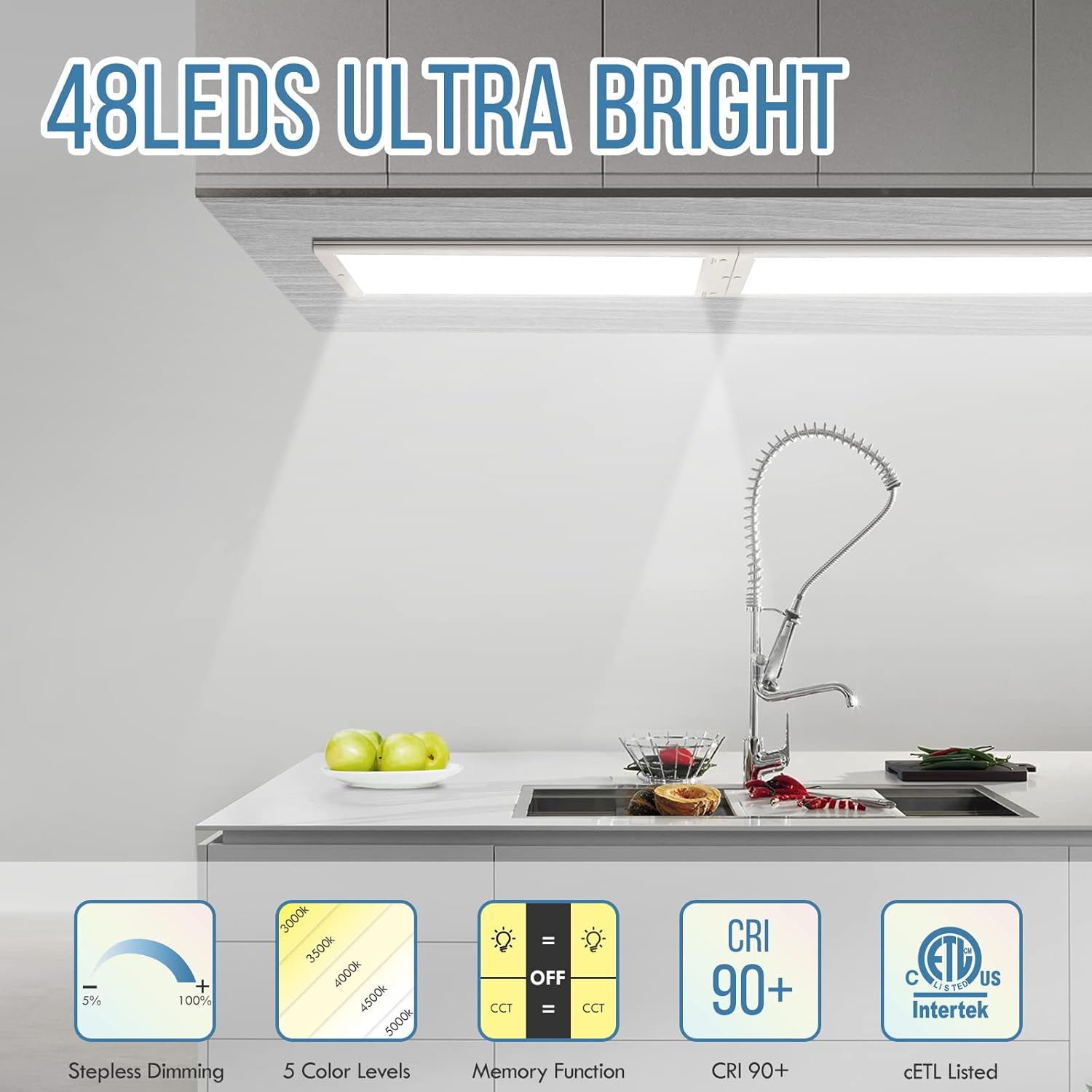 PRINCEWAY LED Under Cabinet Light, Plug in 12 Inch Kitchen Counter Panel Light, Linkable Easy Installation, 6W 480Lm Stepless Dimmable, 5X Lighting Colors 3000K- 5000K CRI 90+ ETL Listed Pack of 2