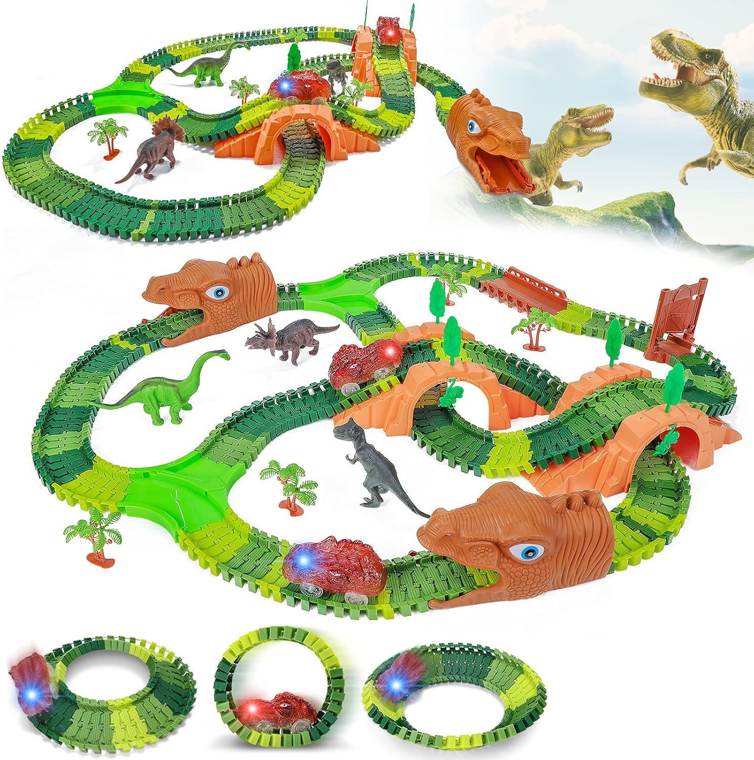 Vimzone Dinosaur Toys, 265PCS Dinosaur Train Toys, Create a Dinosaur World Road Race, Flexible Track Playset with 2 LED Dino Cars & 3 Dinosaurs for 3 4 5 6 7 8 Years Old Boys and Girls Best Gift