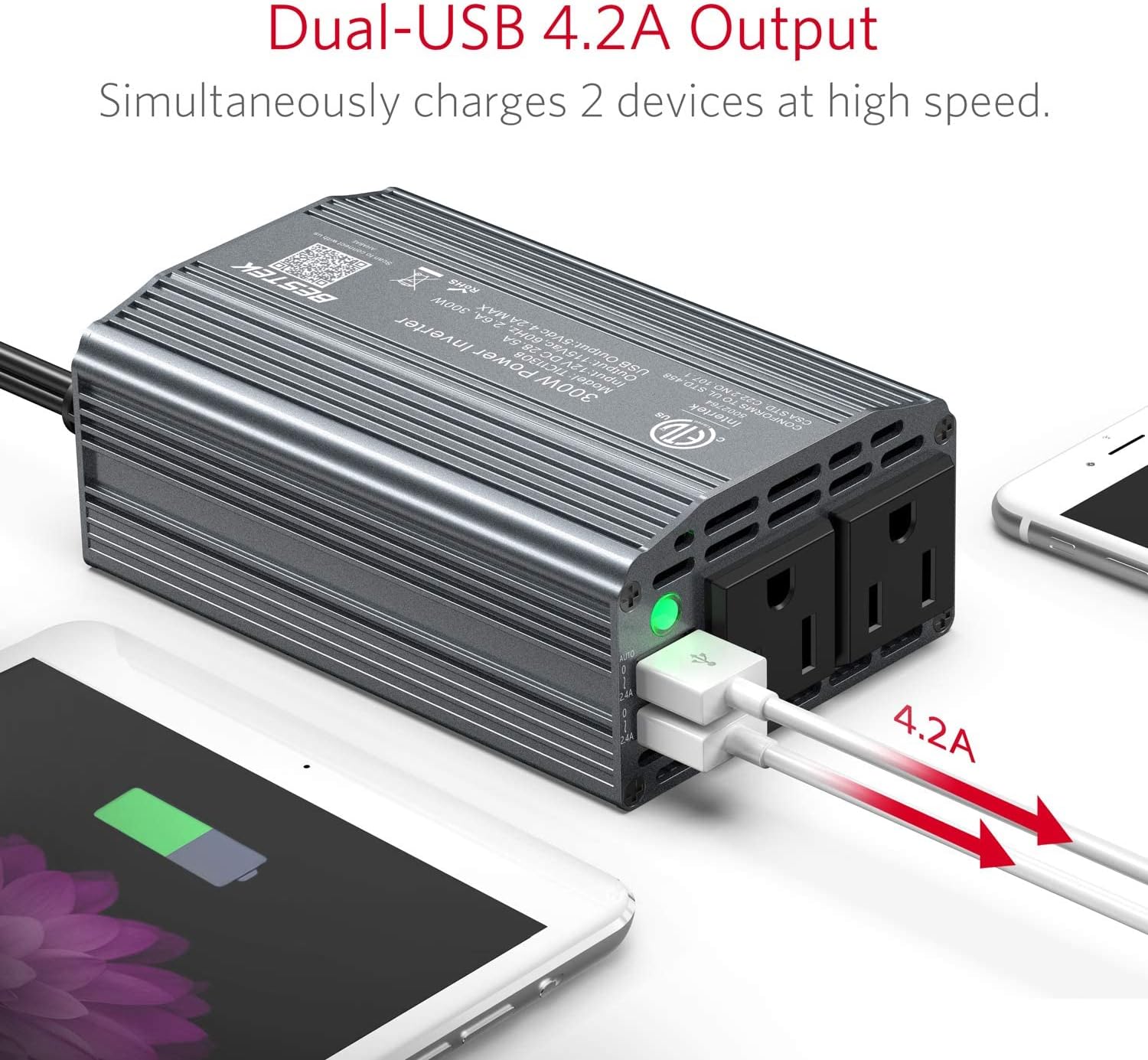 BESTEK 300W Power Inverter DC 12V to 110V AC Car Inverter with 4.2A Dual USB Car Adapter (Gray)