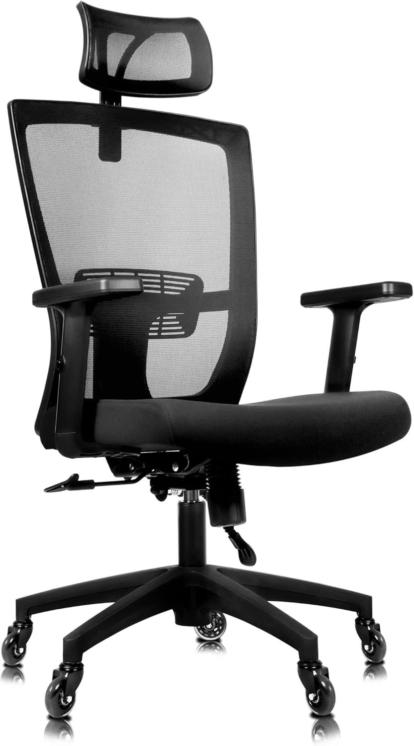 Becko Ergonomic Adjustable Office Chair with Roller Blade Wheels for Home and Office - with Breathable Mesh Backrest, Thick Comfy Cushion, Back Support, Retractable headrest & Armrests (Black)