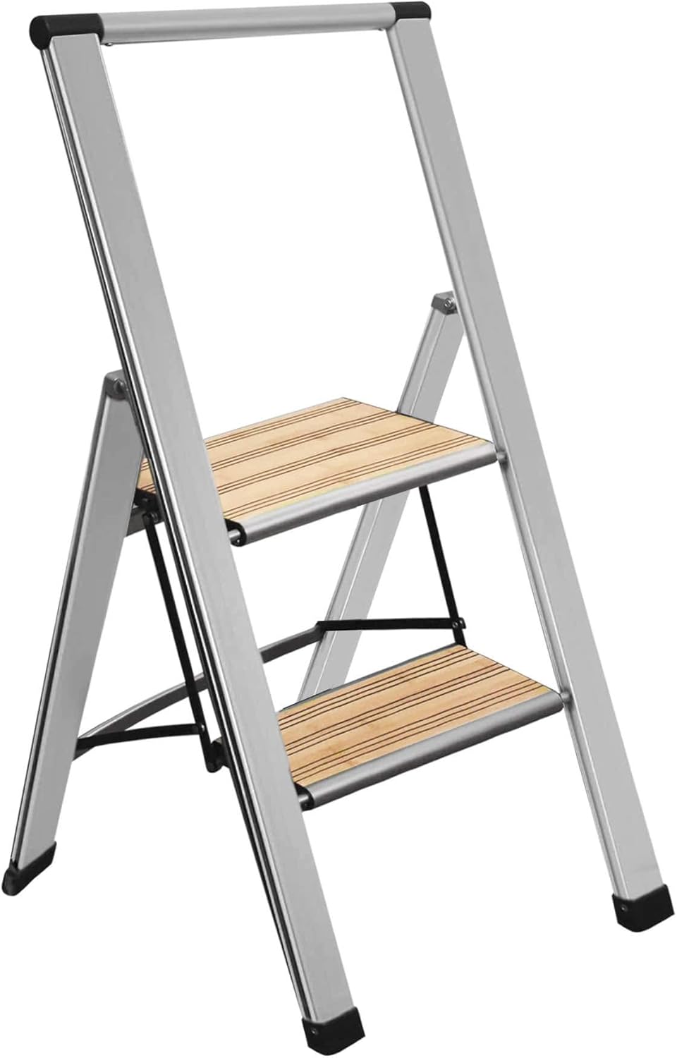 Sorfey Premium 2 Step Modern Bamboo Ladder. Lightweight,-Ultra Slim Profile, Anti Slip Steps, Sturdy-Portable for Home, Office, Kitchen, Photography Use, Black Aluminum Finish