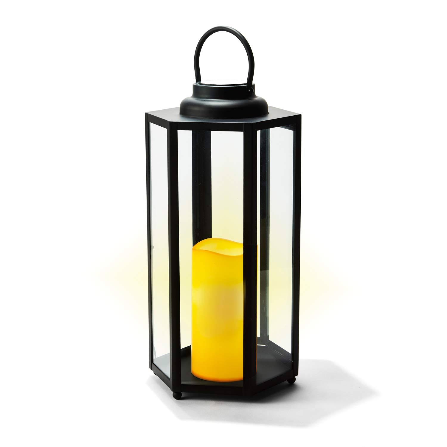 Large Solar Candle Lantern - 18 inch Tall, Glass Panels, 18 Black