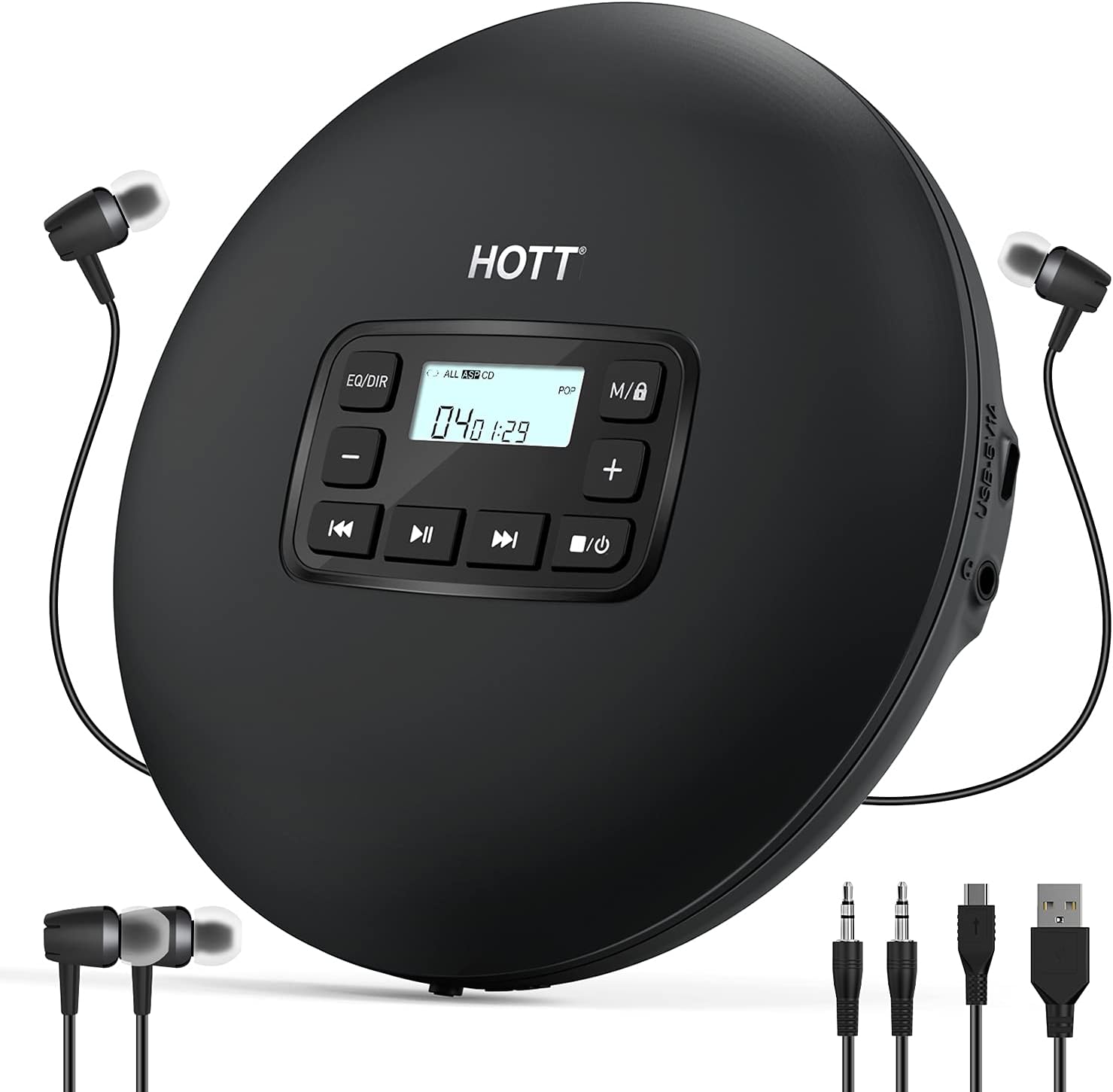 HOTT CD204 Portable CD Player for Home Travel and Car with Stereo Earphones and Anti Shock Protection-Black Pack of 2