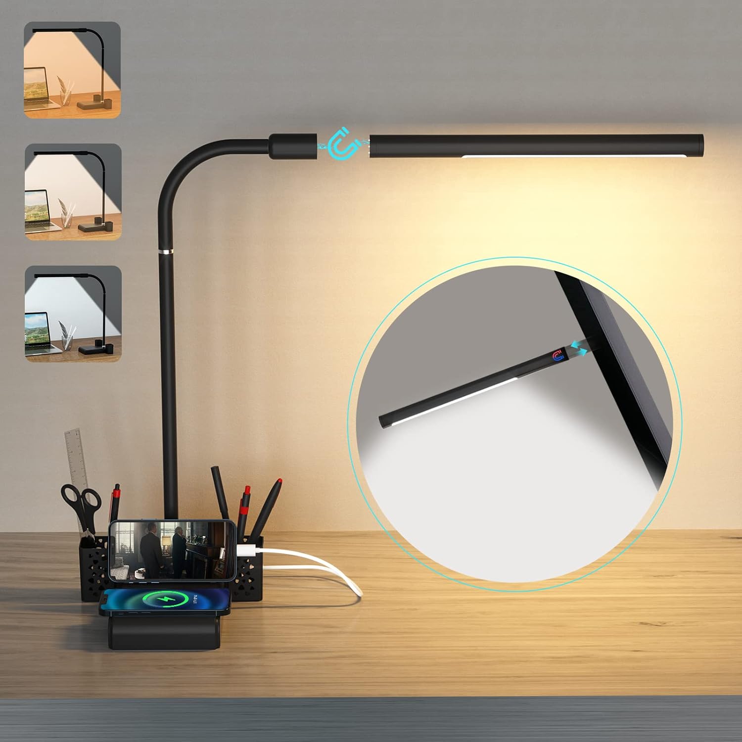 PEETPEN Multifunctional Sleek LED Desk Lamp DL1 with Fast Wireless Charger,Pen Holder, Detachable Light Tube, 3 Color Temperature,Stepless Dimming, Auto Timer,Eye-Caring Office Desk Reading Lamp