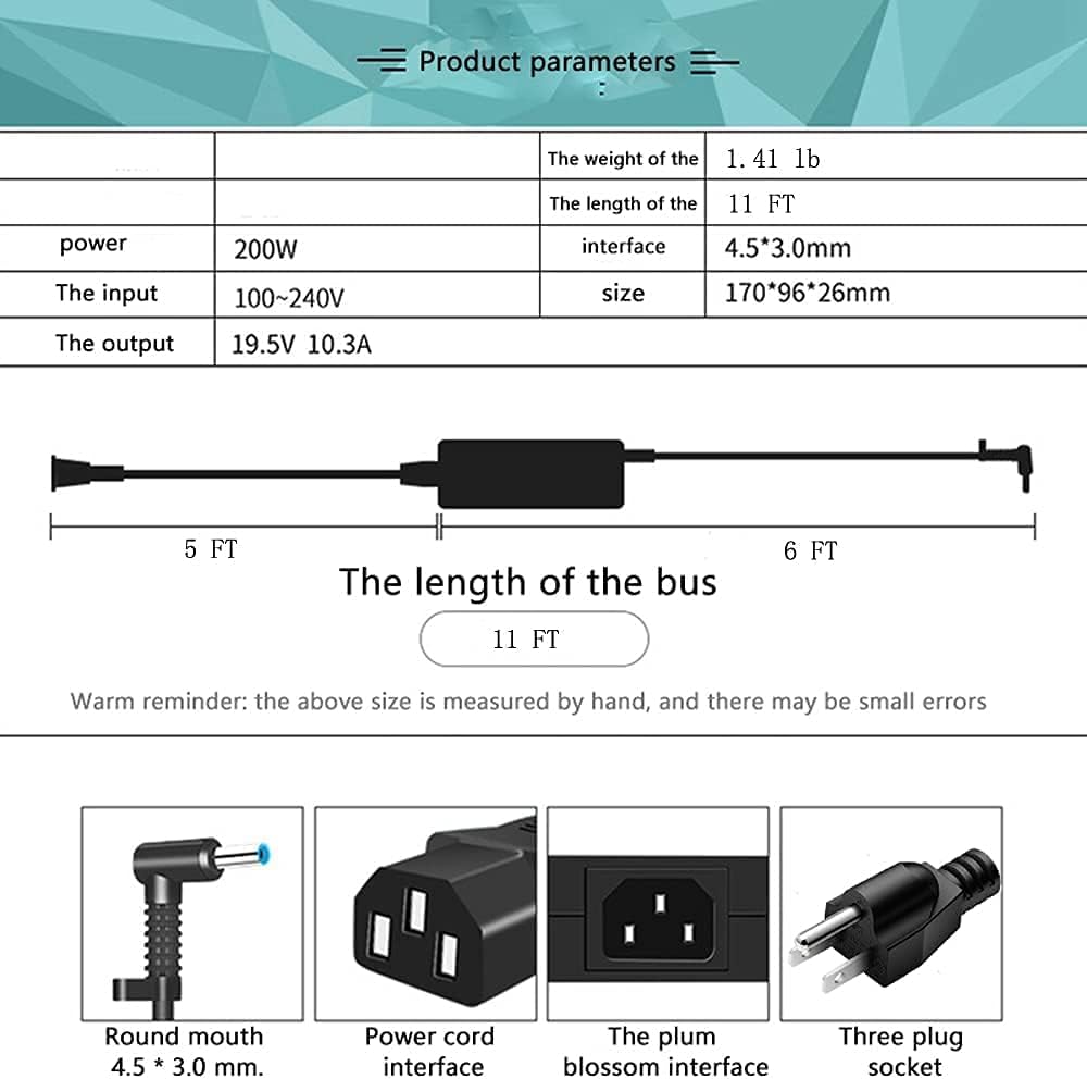 Slim 19.5V 10.3A 200W AC Charger For HP OMEN 15 15t 17 17t ZBook 15 17 G3 G4 G5 ZBook Studio G3 Pavilion Gaming 15-cx TPN-CA03 835888-001 71025 815680-002 A200A008L L00818-850 Laptop Power Supply Cord Pack of 2