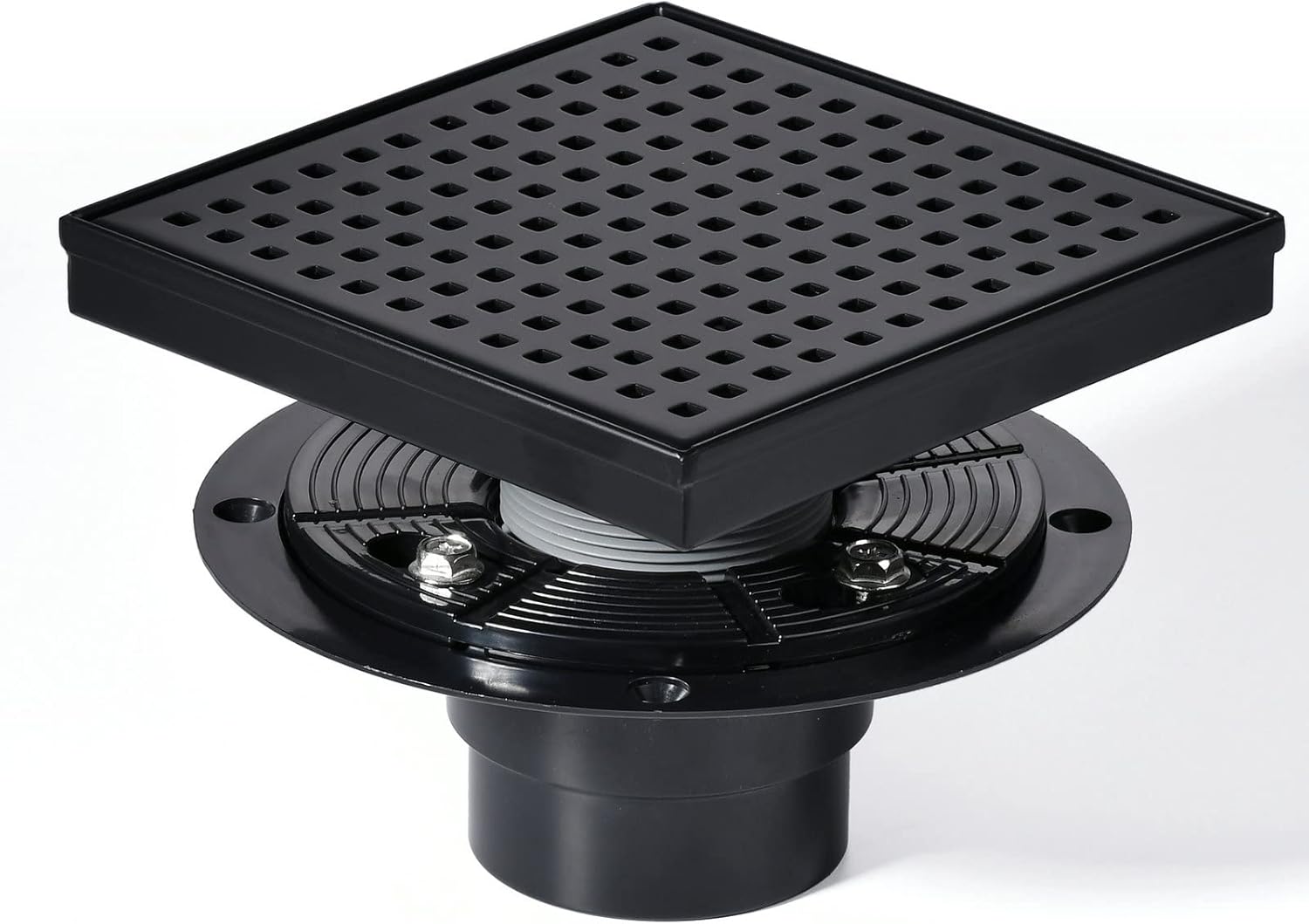 Square Shower Drain 6 inch 304 Stainless Steel Bathroom Floor Drain, Adjustable Feet, Threaded Adapter Included,CUPC Certified, Includes Hair Strainer,Black,MUYEDRAIN