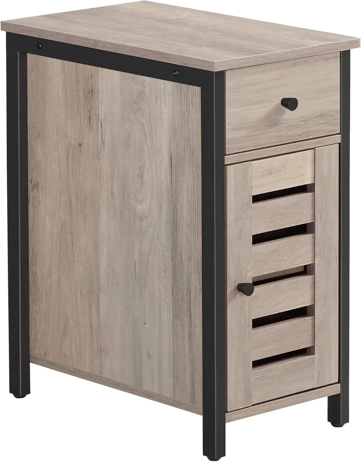 VASAGLE Lowell Narrow Side Table, Nightstand with Drawer, Shutter Door, End Table for Small Spaces, Bedroom, Industrial Style, Greige and Black ULET066B02
