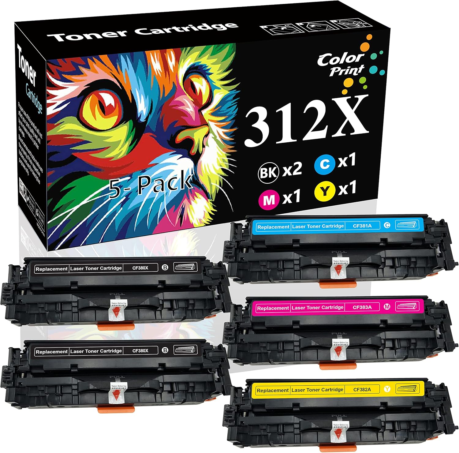 5-Pack ColorPrint Compatible 312X Toner Cartridge 312A Replacement for HP CF380X CF380A CF381A CF382A CF383A Work with Color Pro MFP M476dn M476dw M476dnw Printer(2 Black, 1 Cyan, 1 Magenta, 1 Yellow) Pack of 2