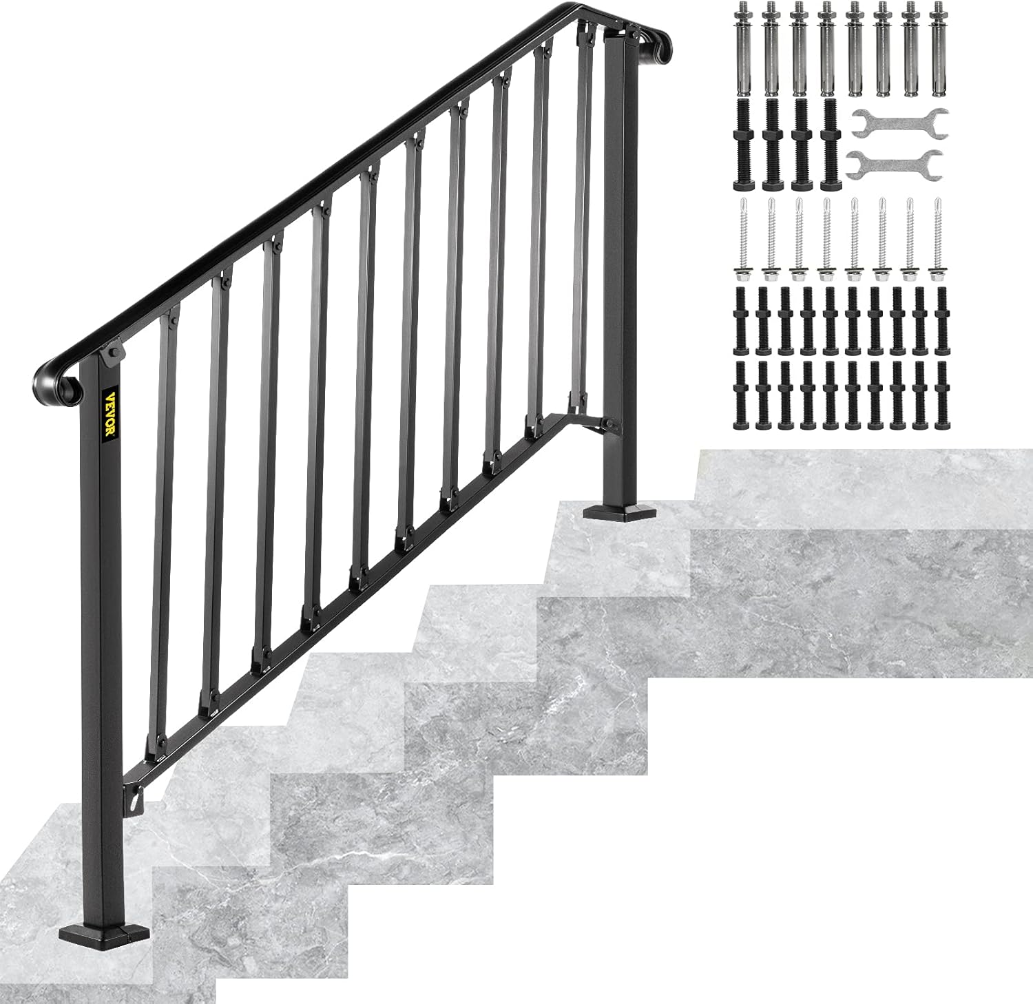 Happybuy Handrail Picket #3 Fits 3 or 4 Steps Matte Black Stair Rail Wrought Iron Handrail with Installation Kit Hand Rails