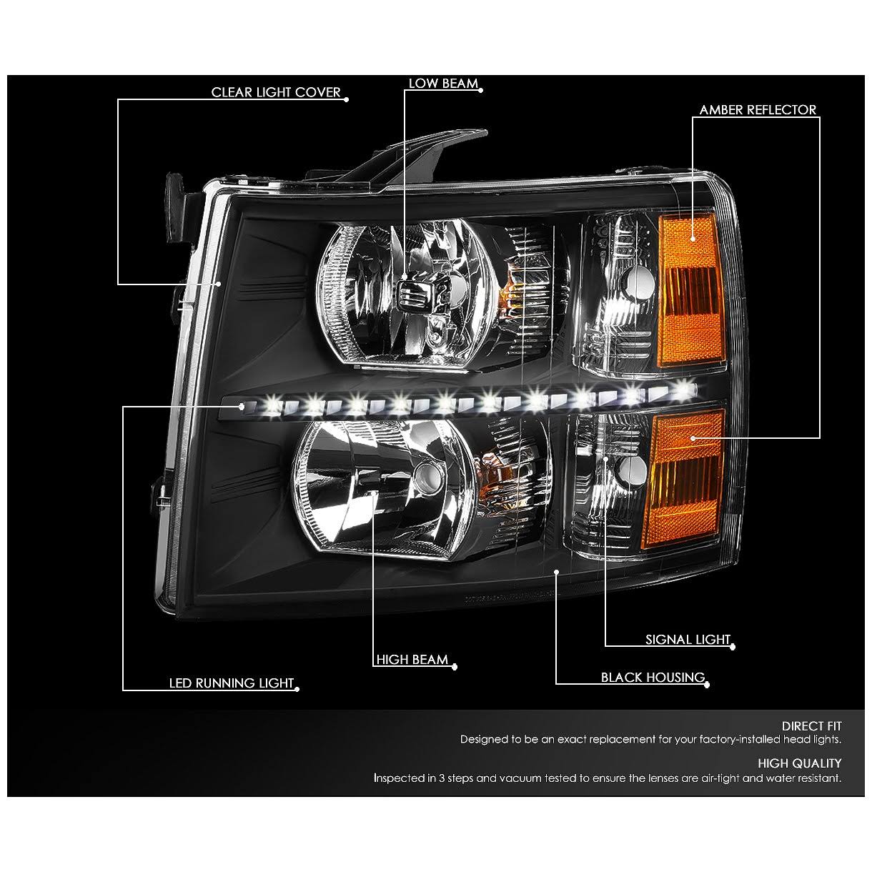 DNA Motoring for 07-14 Chevy Silverado 1500 2500 3500 LED DRL Strip Headlight Black Housing Amber Corner Headlamp 08 09 10 11