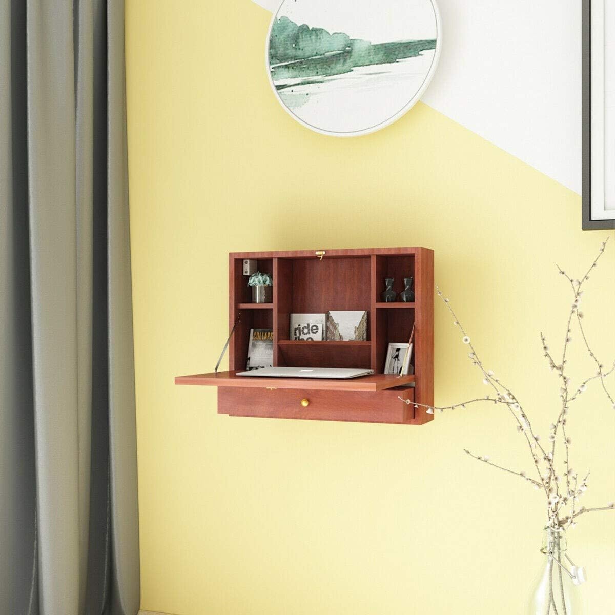 Multi-Function Desk Wall Mounted Folding Laptop Desk Hideaway Storage with Drawer, Sturdy Construction, Ample Storage Space, Space Saving Brown