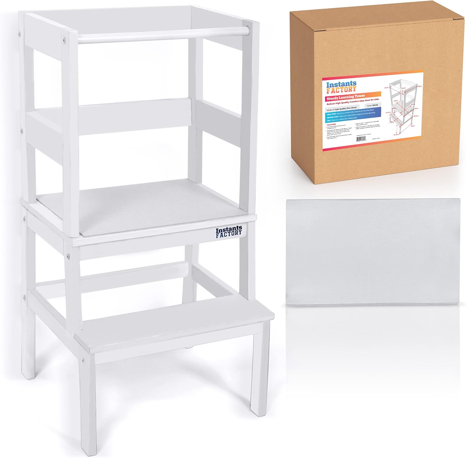 Instants Factory Training Stool for Toddlers - Toddler Kitchen Stool Helper with Innovative Anti-Slip Mat and Security Screen Included - White 4002