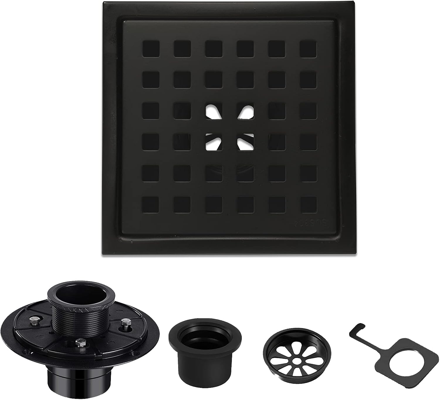 BARONAGE Linear Shower Drain 24 Inch with Removable Quadrato Pattern Grate, 304 Stainless Steel Black Shower Floor Drain Watermark & CUPC Certified Include Accessories