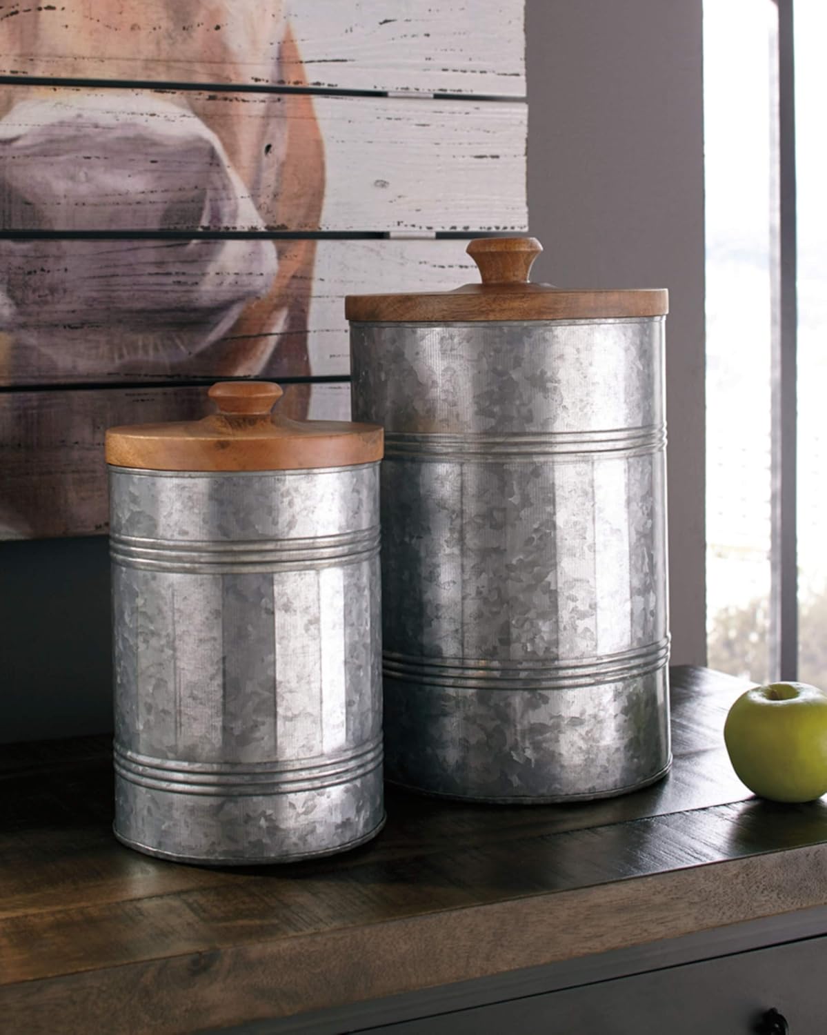 Signature Design by Ashley Divakar Industrial Farmhouse Galvanized Metal 2 Piece Jar Set, Gray Pack of 2