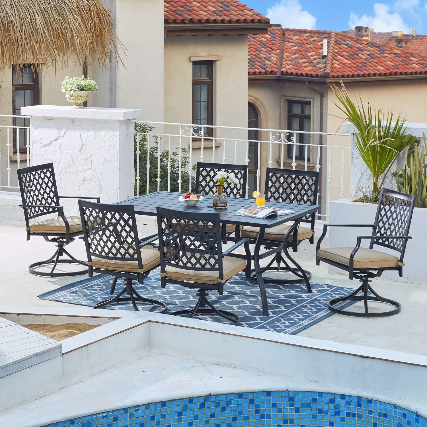 VICLLAX Patio Dining Set, 5 Piece Outdoor Dining Table and Chair Set with Umbrella Hole and 4 Swivel Dining Chairs for Lawn, Deck, Backyard, Dark Black