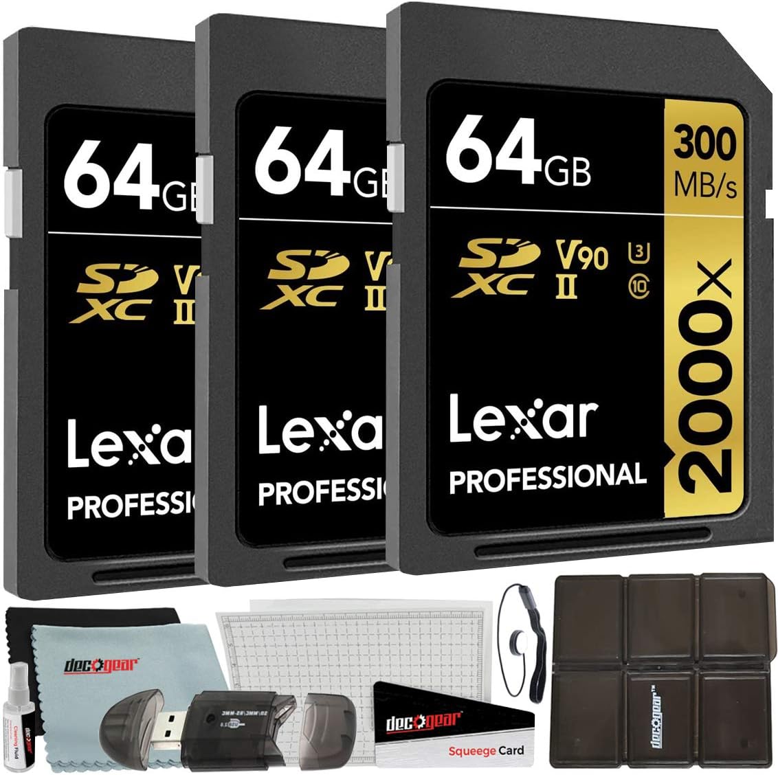 Lexar Pack of 3 Professional 2000x 64GB (192GB Total) SDXC UHS-II Memory Cards (LSD2000064G-BNNNU) Bundle w/Deco Gear Accessories Kit Includes Reader & Case + Screen Covers + Microfiber Cloth & More