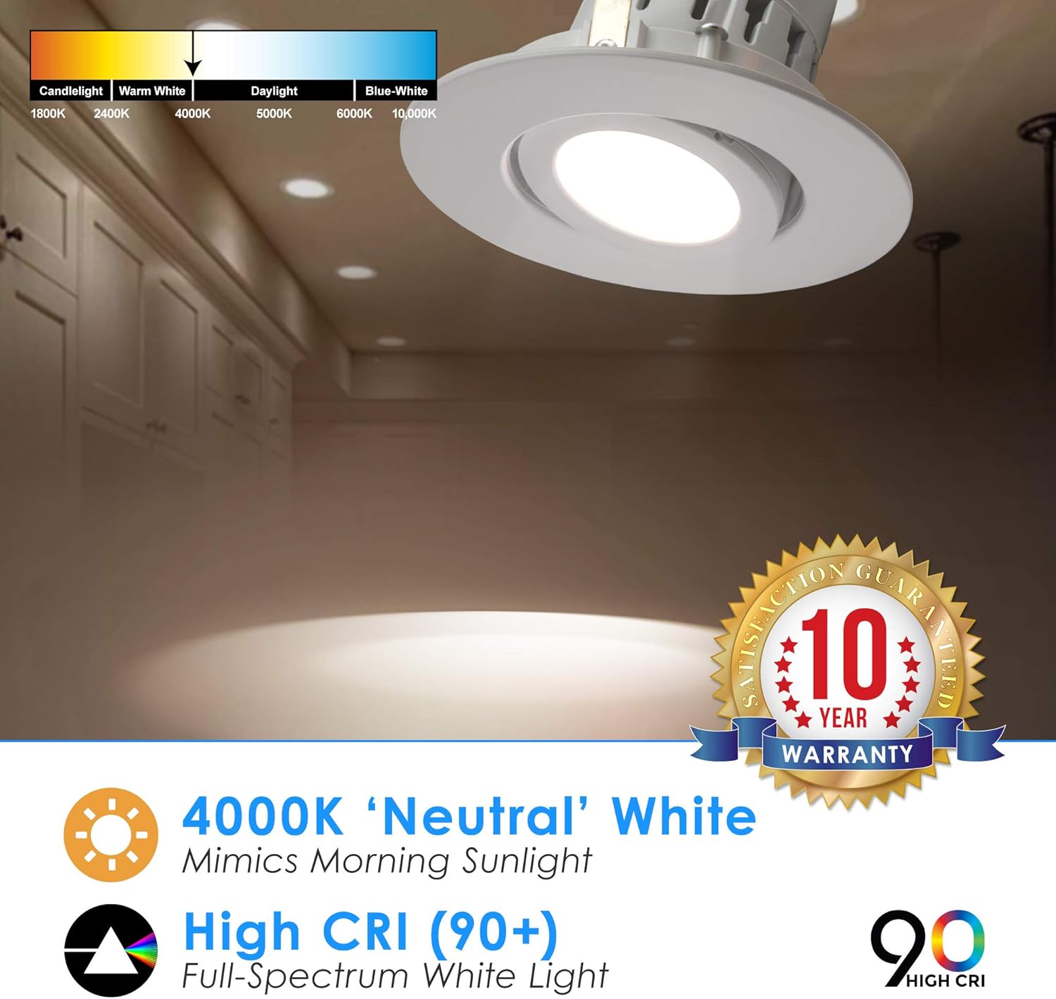 QuestLED 4&rdquo; LED Adjustable Rotating Downlight 24 Pack, 10W Dimmable LED Ceiling Light, Gimbal & Round Lens (4000K Daylight)