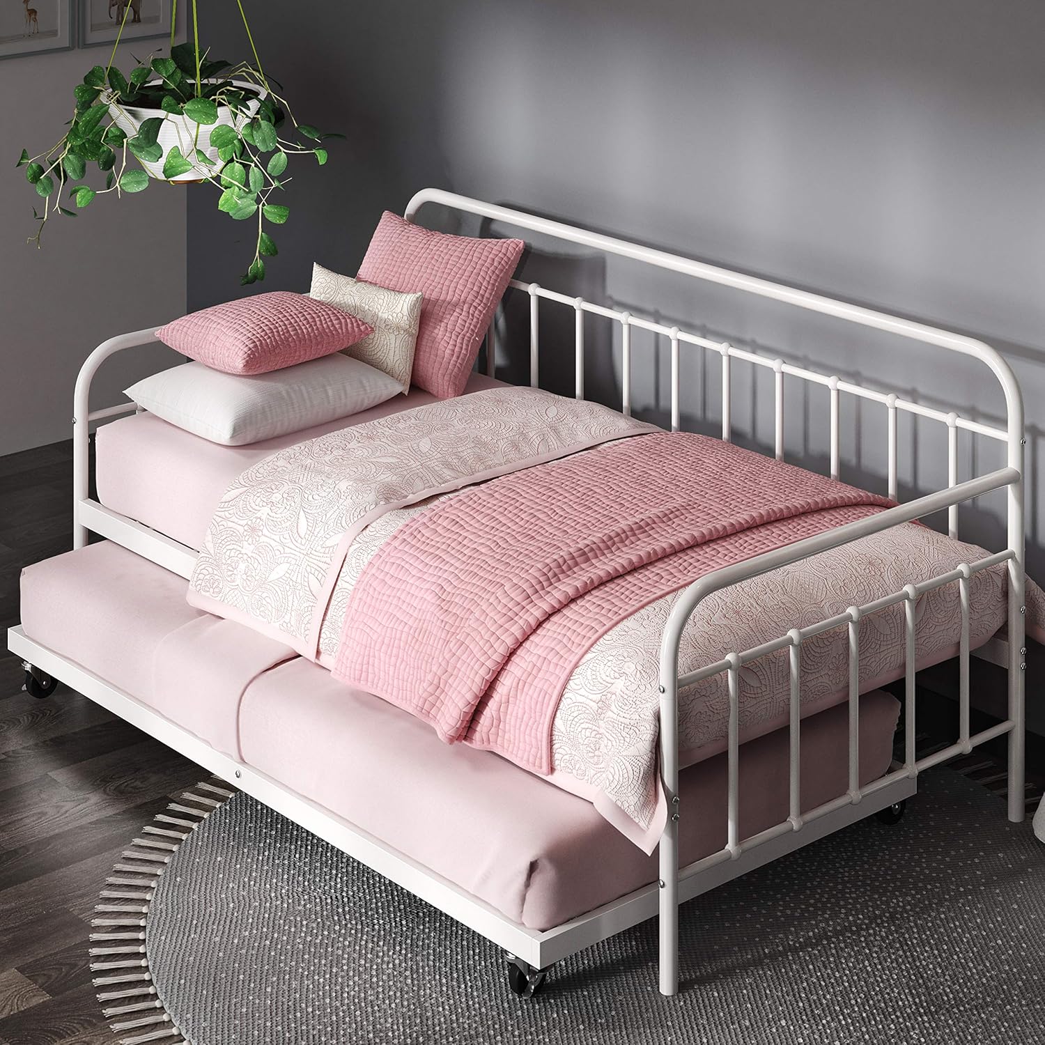 Zinus Florence Twin Daybed and Trundle Frame Set / Premium Steel Slat Support / Daybed and Roll Out Trundle Accommodate / Twin Size Mattresses Sold Separately